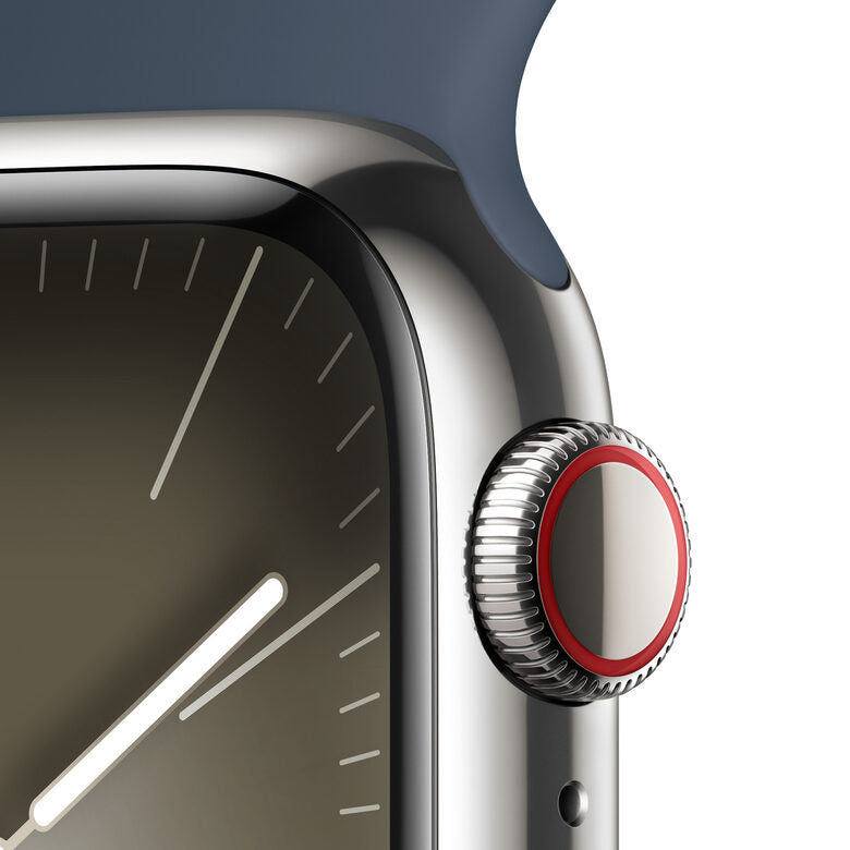 Apple Watch Series 9 GPS + Cellular Cassa 41mm in Acciaio inossidabile con Cinturino Sport Blu Tempesta - M/L