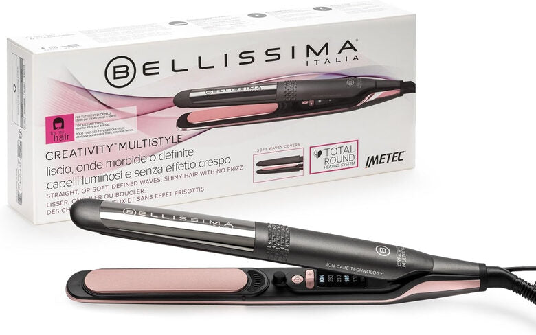 Bellissima Imetec Creativity Multistyle, Piastra per capelli Lisci o Mossi, Rivestimento ceramica, Particelle Diamante, Cheratina, Piastre Flessibili e Calde Anche Esternamente, 5 temperatur