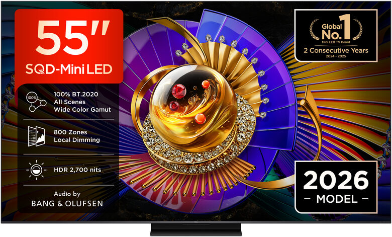 TCL C7L TV 55C7L SQD‑Mini LED da 55", 4K HDR, 2700 nit, 800 zone di dimming, Google TV, 144Hz, Dolby Vision & Atmos, Audio Bang & Olufsen
