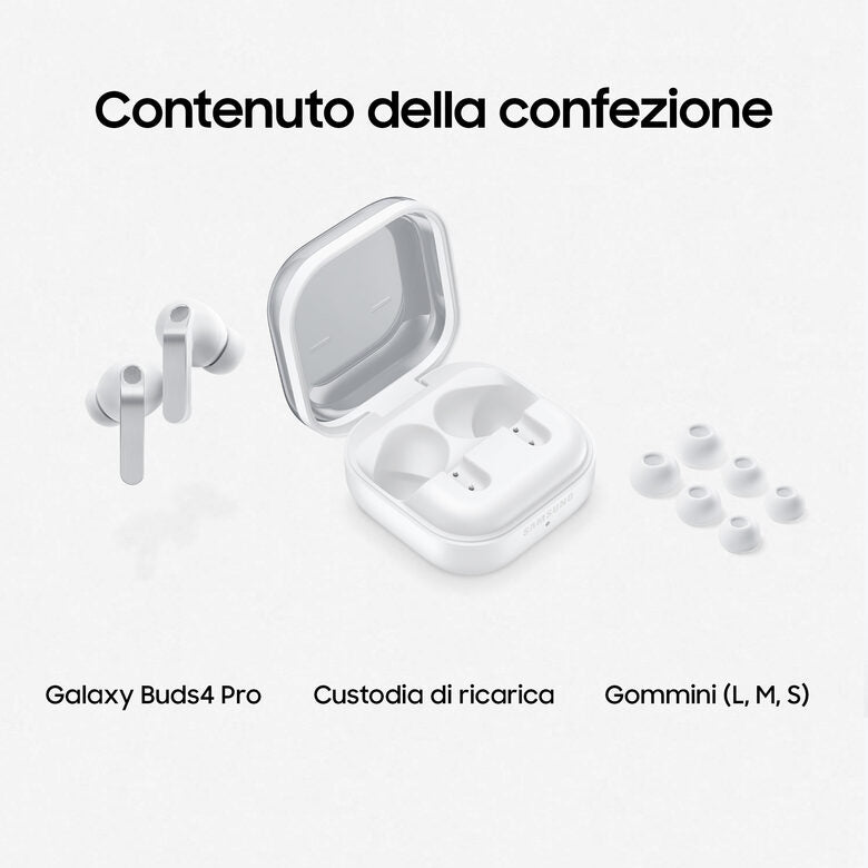Samsung Galaxy Buds4 Pro, White, Corpo in metallo, Altoparlante a 2 vie e doppio amplificatore, Chiamate cristalline, Audio a 360°, ANC migliorata, Controllo adattivo del rumore, Connessione