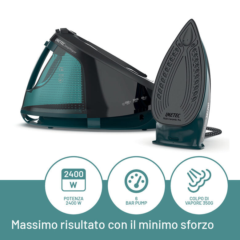Imetec Smartvapor Ferro da Stiro Generatore di Vapore, Vapore 2 volte più potente, Fino a 6,0 Bar Pump, 2400 W, Colpo di vapore da 350 g, Piastra Fluid Ceramic PRO, Carica continua con serba