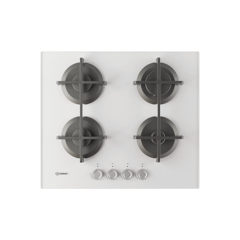 Indesit ING 61T/WH 1 Piano Gas Vetro Bianco, 60 Cm, 4 Fuochi, Griglie In Ghisa Lavabili In Lavastoviglie