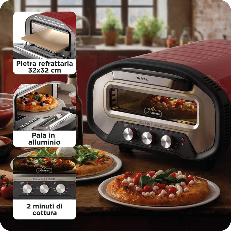Ariete 3901 Da Gennaro, Forno per pizza, 2200W, Temperatura 430°C, 2 minuti di cottura, Pietra refrattaria, Rosso