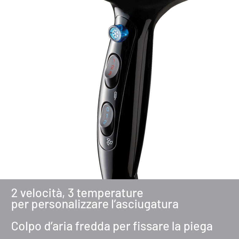 Imetec Asciugacapelli S6 2000, 2200W, 2 velocità, 3 temperature, Colpo Aria Fredda, Convogliatore Stretto