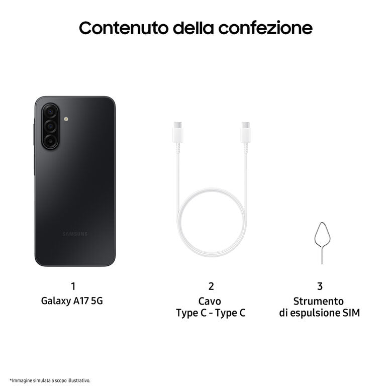 Samsung Galaxy A17 5G, Android 15, Display sAMOLED 6.7", 8GB RAM, 256GB, Batteria 5.000 mAh, Resistenza IP54, Memoria espandibile fino a 2TB, Black