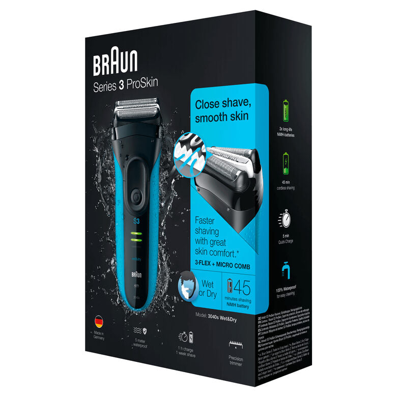 Braun Series 3 ProSkin 3040s Rasoio Barba Elettrico, Nero/Blu