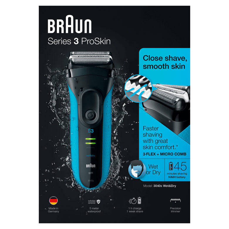 Braun Series 3 ProSkin 3040s Rasoio Barba Elettrico, Nero/Blu