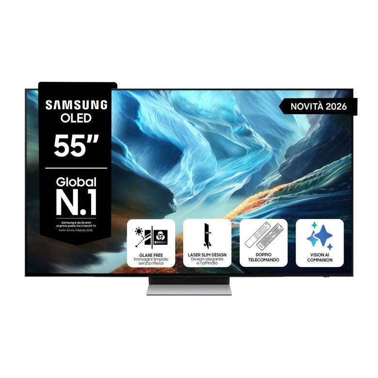Samsung OLED AI TV 55" QE55S90HAEXZT 4K, Processore NQ4 AI Gen3, 4K AI Upscaling Pro, Glare Free, OLED HDR+, Motion Xcelerator 165Hz, Dolby Atmos & OTS Lite, Laser Slim Design, Vision AI Sma