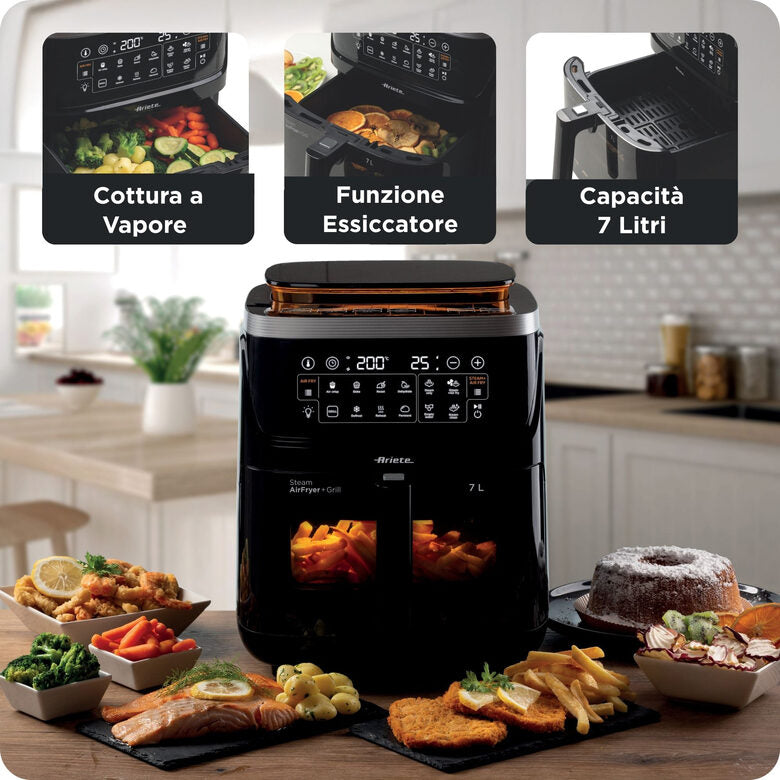 Ariete 4636 Friggitrice ad aria con funzione vapore+ Grill, 1700W, Funzione essiccazione, 10 funzioni di cottura, Cestello trasparente, Timer, Luce interna, Nero