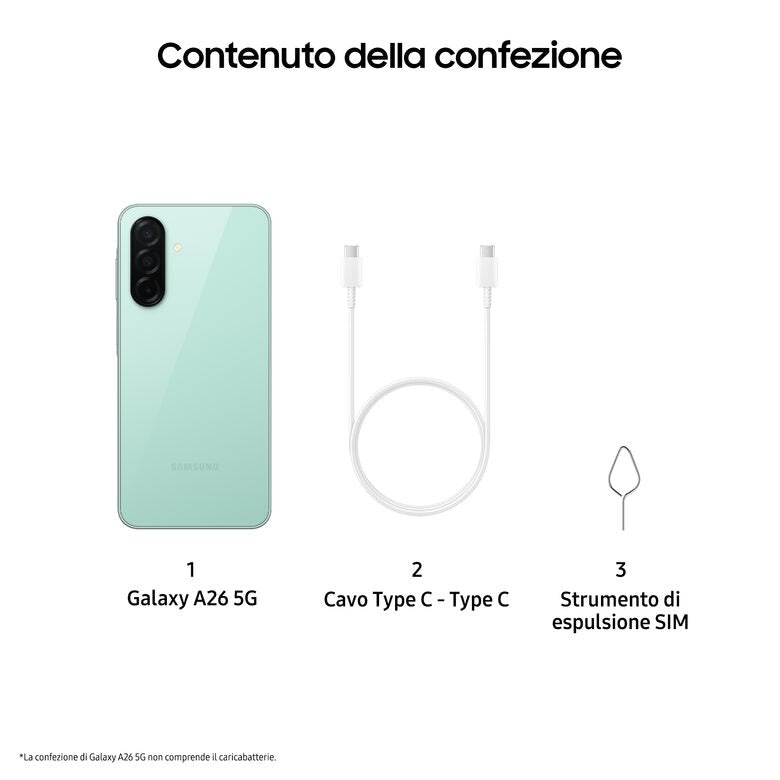 Samsung Galaxy A26 5G, Smartphone con Funzioni intelligenti, Display Super AMOLED 6.7”, 6GB RAM, 128GB, Batteria 5.000 mAh, memoria espandibile, Mint