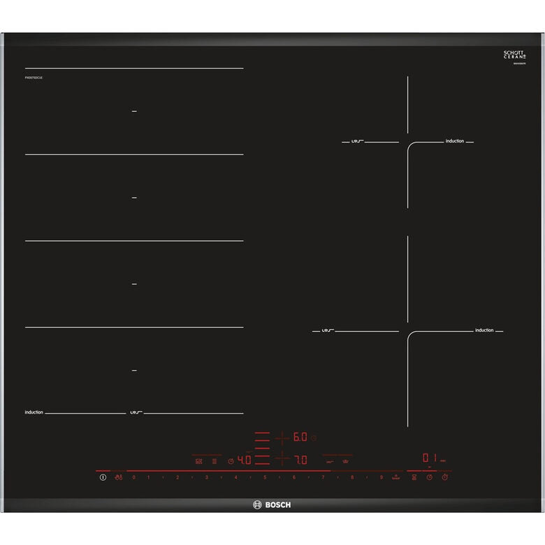 Bosch PXE675DC1E piano cottura Nero, Acciaio inossidabile Da incasso Piano cottura a induzione 4 Fornello(i)