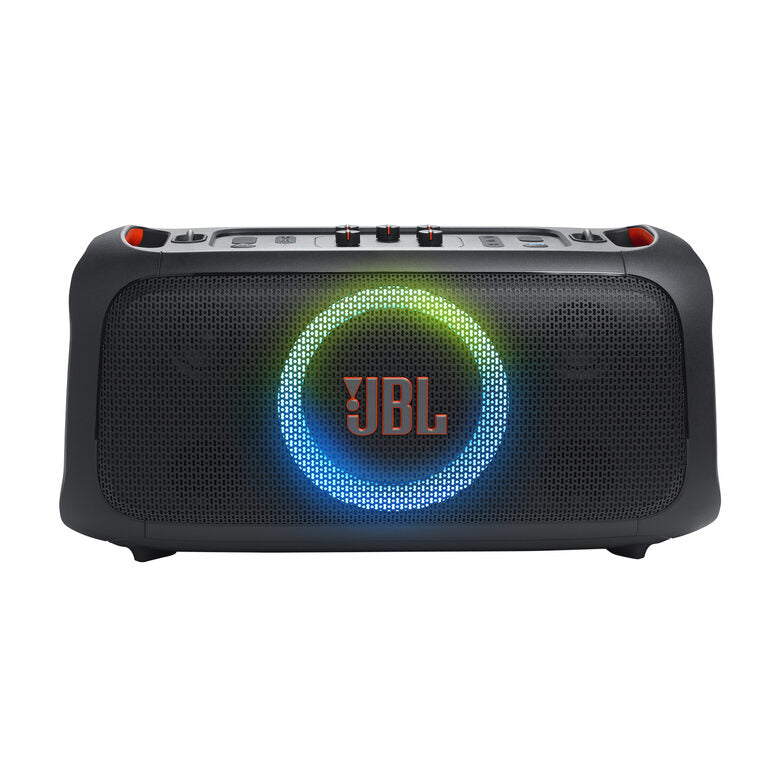 JBL PartyBox On-the-Go Essential Speaker Portatile Wireless per Feste, con Luci Integrate e Bassi Profondi, Protezione Splashproof IPX4, Microfono Wireless, Tracolla per Trasporto, Nero
