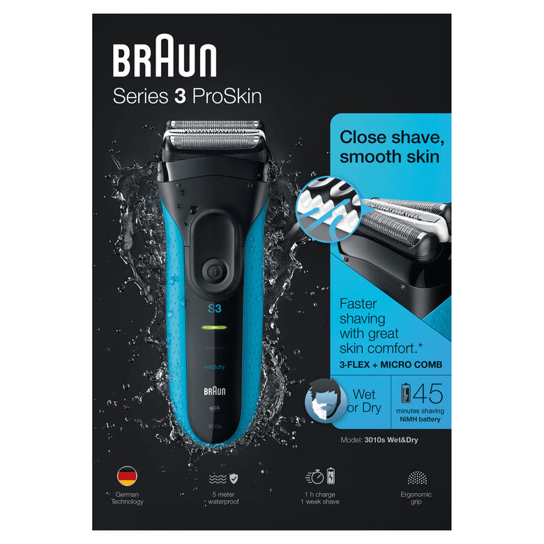 Braun Series 3 ProSkin 3010s Rasoio Elettrico, Nero/Blu
