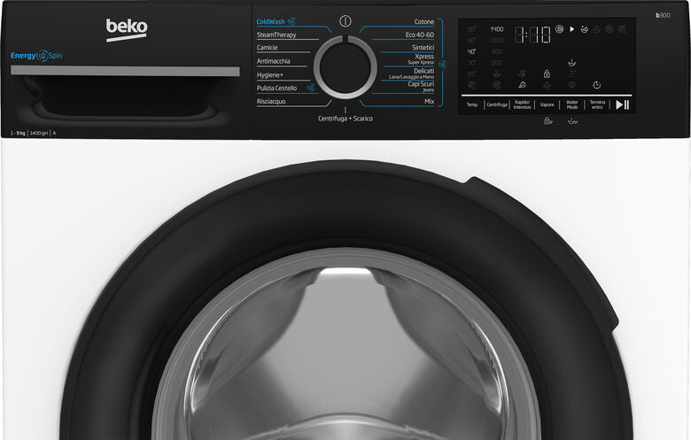 Beko BMGWU4941B B300 Lavatrice A Libera Installazione 9 Kg, EnergySpin, 1400 Giri, Classe A, Cassetto Detersivo AutoClean, Bianco E Nero