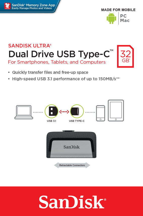 SanDisk Ultra Dual Drive USB Type-C unità flash USB 32 GB USB Type-A / USB Type-C 3.2 Gen 1 (3.1 Gen 1) Nero, Argento