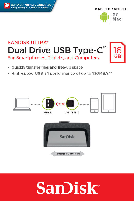SanDisk Ultra Dual Drive USB Type-C unità flash USB 16 GB USB Type-A / USB Type-C 3.2 Gen 1 (3.1 Gen 1) Nero, Argento