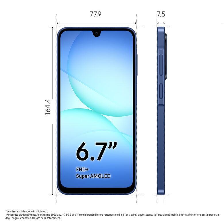 Samsung Galaxy A17 5G, Android 15, Display sAMOLED 6.7", 8GB RAM, 256GB, Batteria 5.000 mAh, Resistenza IP54, Memoria espandibile fino a 2TB, Blue