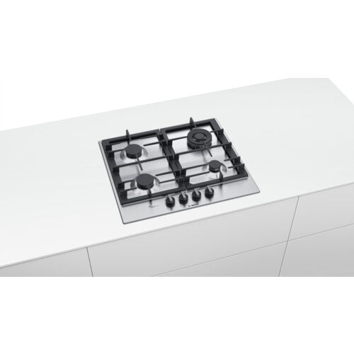 Bosch Serie 6 PCH6A5B90 piano cottura Nero, Acciaio inossidabile Da incasso Gas 4 Fornello(i)
