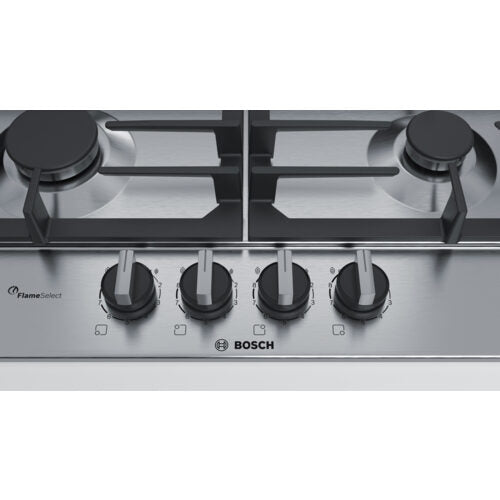 Bosch Serie 6 PCH6A5B90 piano cottura Nero, Acciaio inossidabile Da incasso Gas 4 Fornello(i)