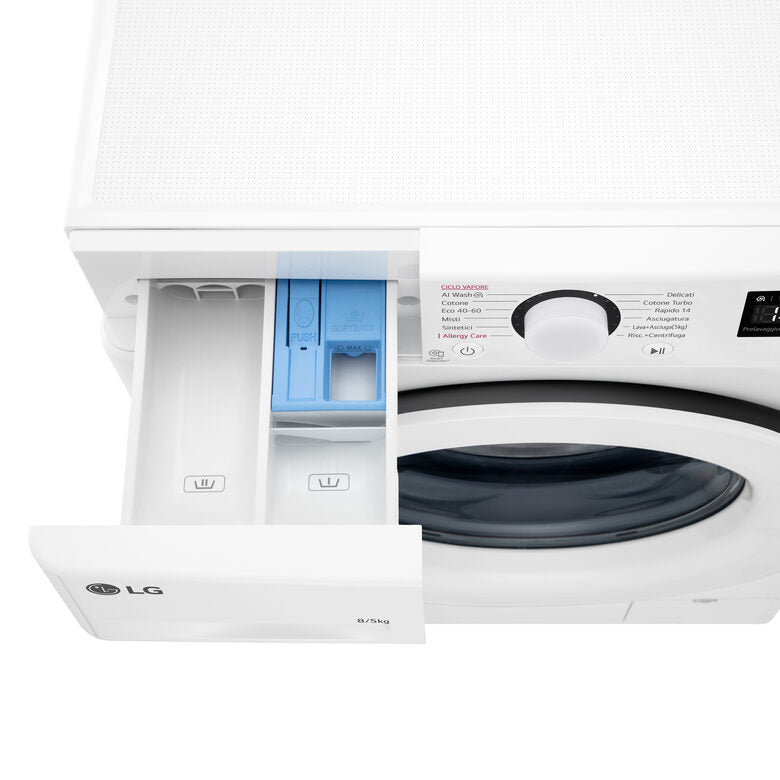 LG D2R3S08NSWW Lavasciuga slim 8/5kg AI DD, Classe E, 1200 giri, AI Wash, Vapore