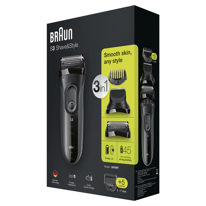 Braun BeardTrimmer Series 3 3000BT Shave&Style Rasoio Da Barba Elettrico Da Uomo, Nero/Grigio
