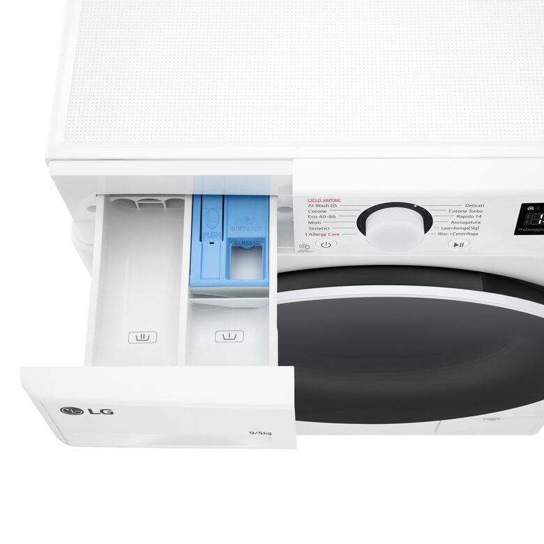 LG D2R5S09TSWW Serie R5 Lavasciuga Slim A Libera Installazione 9/5 Kg, 1200 Giri,  AI Dd, AI Wash, TurboWash 360, Vapore, Allergy Care, Classe E, Bianco