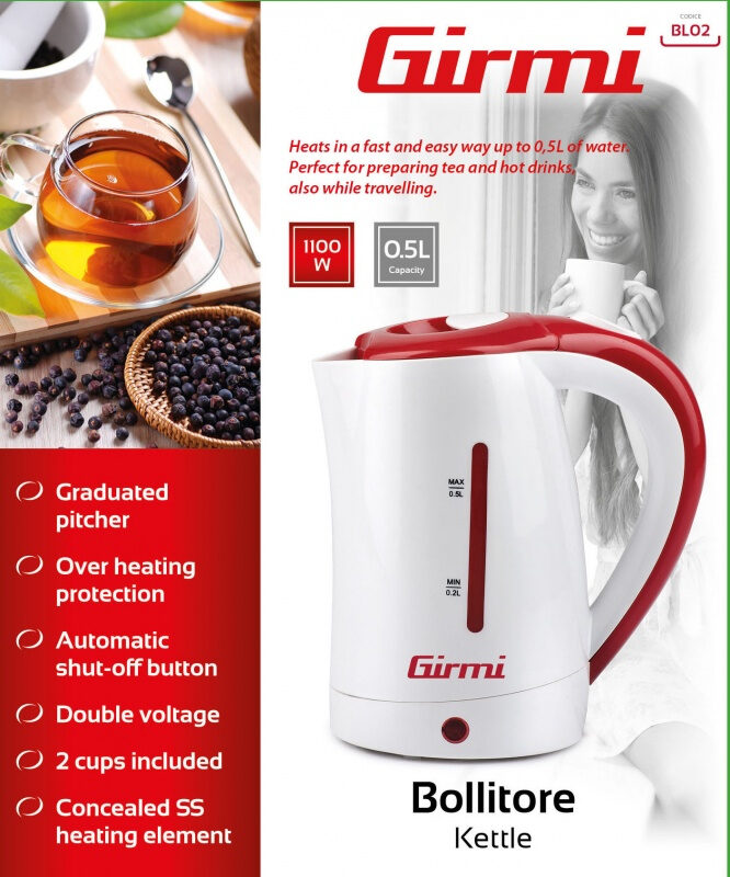 Girmi BL02 bollitore elettrico 0,5 L 1100 W Rosso, Bianco