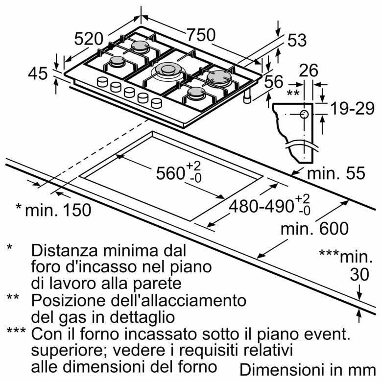 Bosch Serie 4 PGQ7B5K90 Piano cottura a gas 75 cm 5 fuochi Acciaio Inox