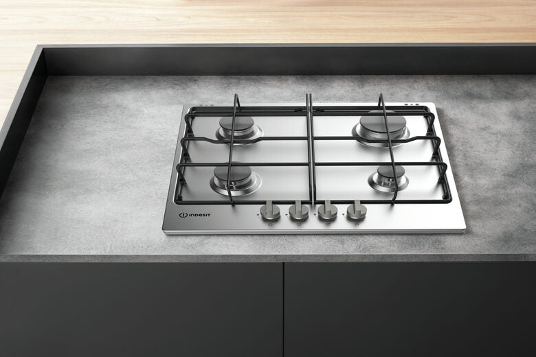 Indesit THP 642 IX/I piano cottura Nero, Acciaio inossidabile Da incasso Gas 4 Fornello(i)