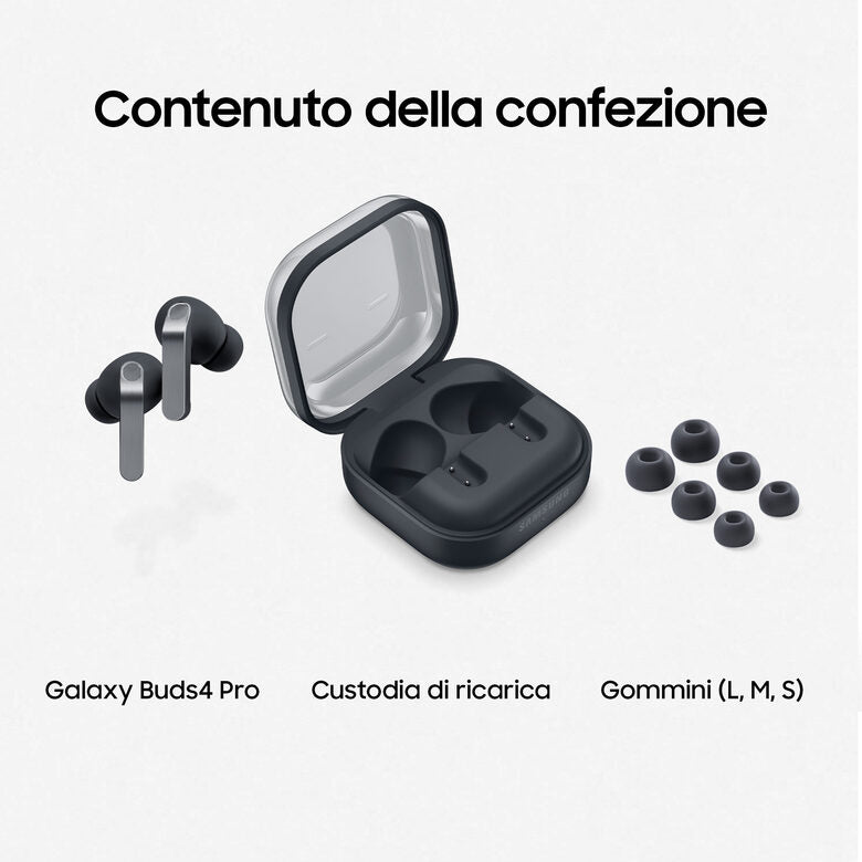 Samsung Galaxy Buds4 Pro, Black, Corpo in metallo, Altoparlante a 2 vie e doppio amplificatore, Chiamate cristalline, Audio a 360°, ANC migliorata, Controllo adattivo del rumore, Connessione