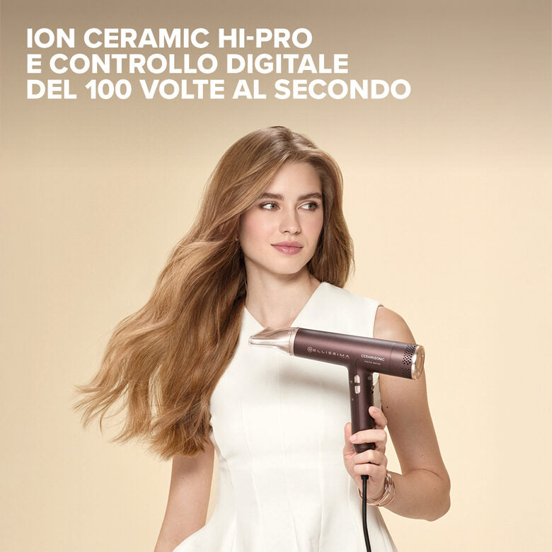 Bellissima Ceramisonic Asciugacapelli, Motore Digitale ad alta velocità, ultraleggero, con tecnologia Tecnologia Ion Ceramic Hi-Pro, ioni, 3 velocità, 3 temperature, Impostazione Gentle Dry,