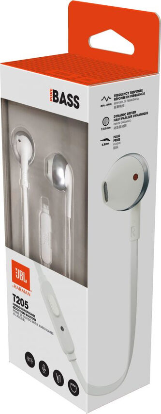 JBL T205 Auricolare Cablato In-ear Musica e Chiamate Cromo, Bianco