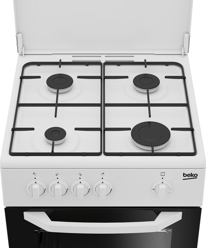 Beko Cucina CSG42009DW, (LxDxA) 50x50x85, Bianca, Forno a gas + grill, piano cottura a gas 4 zone, Coperchio in metallo