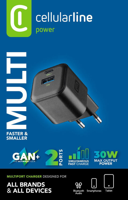 Cellularline MULTIPOWER 2 GAN ENTRY A+C 30W Caricabatterie da rete compatto 30W con 2 porte USB-C e USB-A con tecnologia GAN