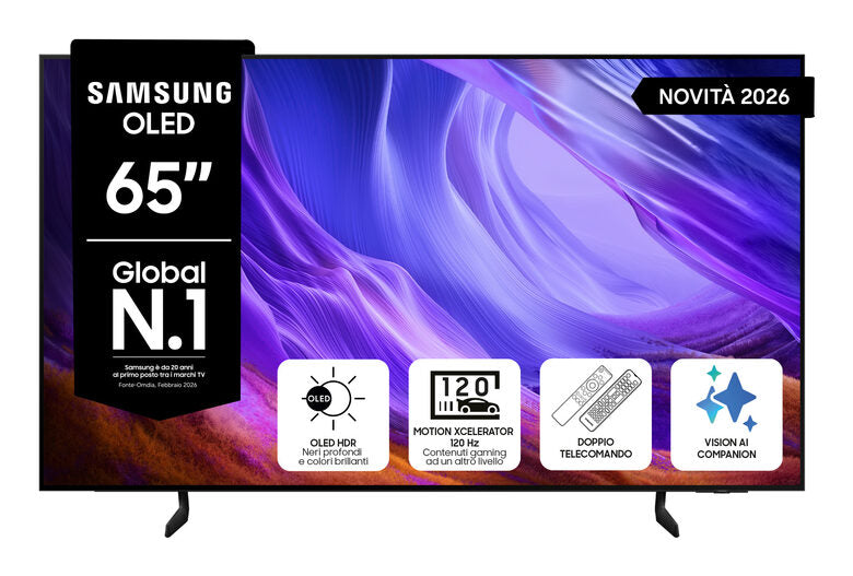 Samsung OLED AI TV 65" QE65S85HAEXZT 4K, Processore NQ4 AI Gen2, 4K AI Upscaling, Schermo antiriflesso, OLED HDR, Motion Xcelerator 120Hz, Dolby Atmos & OTS Lite, Contour Design, Vision AI Smart TV, 2026