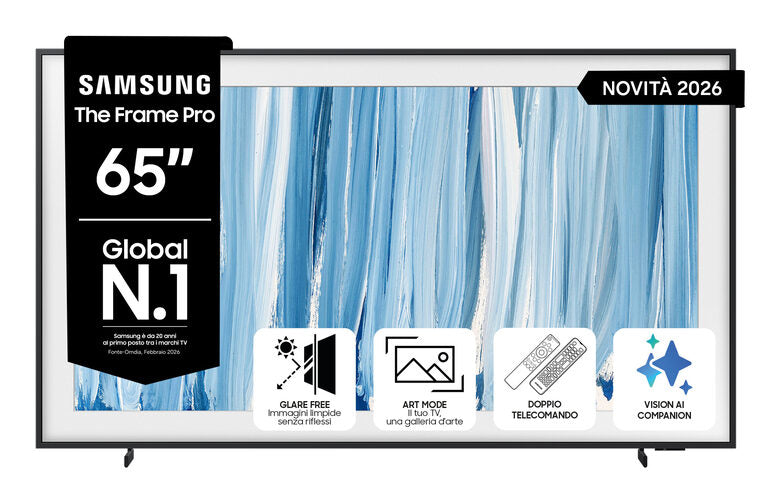 Samsung The Frame Pro AI TV 65" QE65LS03HWUXZT 4K, Processore NQ4 AI Gen3, 4K AI Upscaling, Art Mode, Glare Free, Neo Quantum HDR, Dolby Atmos & OTS, Modern Frame Design, Vision AI Smart TV,