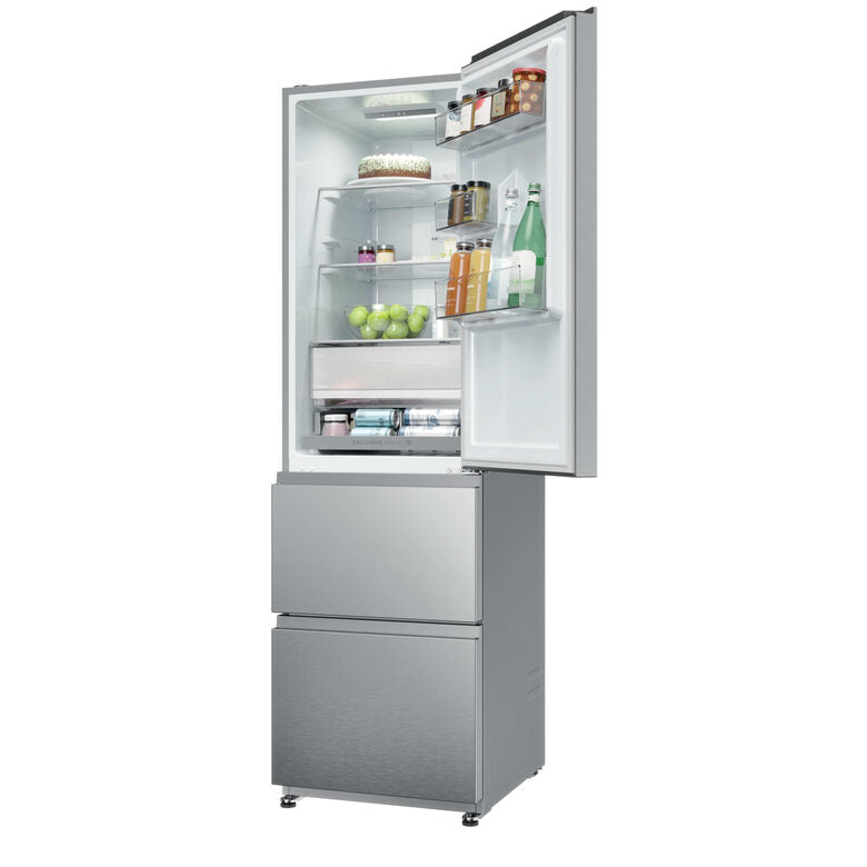 Haier HTR3518ENMX Frigorifero Combinato A Libera Installazione, No Frost, Tecnologia Haier Air Surround, Cassetti Direct Access, Classe E, Acciaio Inox