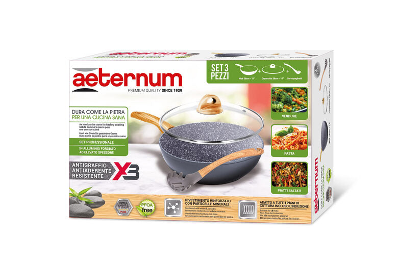 Aeternum Set Wok 28 con Coperchio Wood e Servispaghetti
