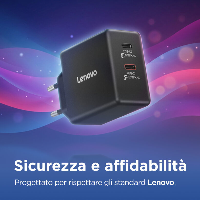 Lenovo Dual USB-C 65W GaN Charger, alimentatore compatto da muro con doppia Type-C, cavo USB-C 1,5 m incluso - ideale per laptop, cellulare e tablet: un solo caricabatterie per più dispositivi