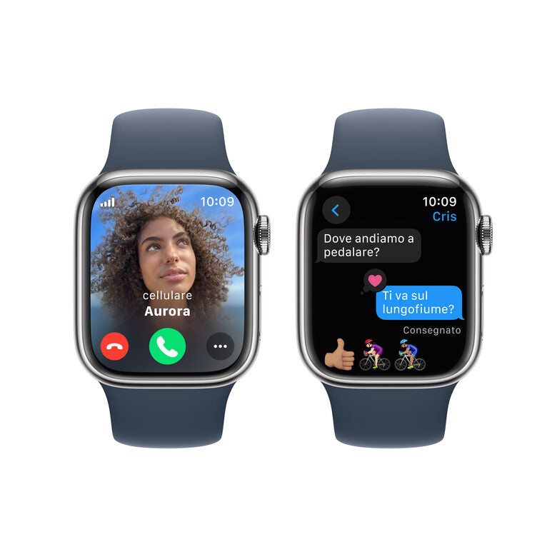Apple Watch Series 9 GPS + Cellular Cassa 41mm in Acciaio inossidabile con Cinturino Sport Blu Tempesta - M/L