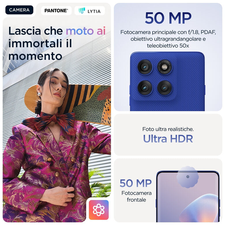 Motorola edge 60 pro con Moto AI (12/512GB, Fotocamera 50+50+10MP, selfie 50MP, Display 6.67" pOLED 120Hz, MediaTek Dimensity 8350, batteria 6000mAh, ricarica 90W, Android 15), PANTONE Dazzl