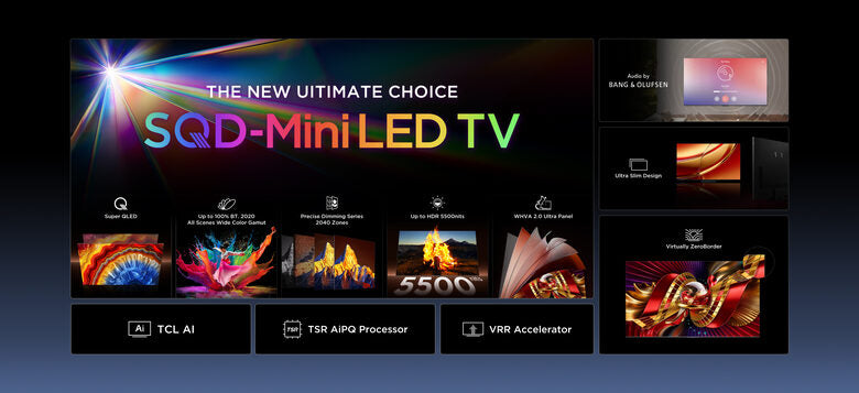TCL C8L TV 65C8L SQD Mini LED da 65", 4K HDR, 5000 nit, 2.040 zone di dimming, Google TV, 144Hz, Dolby Vision & Atmos, Audio Bang & Olufsen