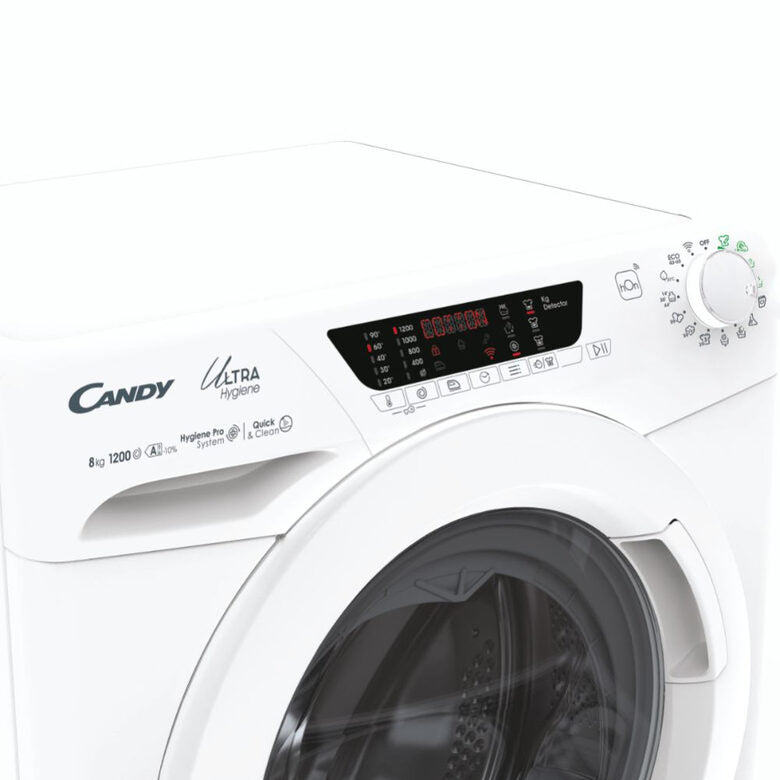 Candy Ultra Hygiene Ultra, Lavatrice Carica Frontale 8 KG, 10% più efficente della classe A, 1200 giri, Bianco, Inverter, Wi-Fi, Ciclo Igiene, HE 1284TWM6/1-S