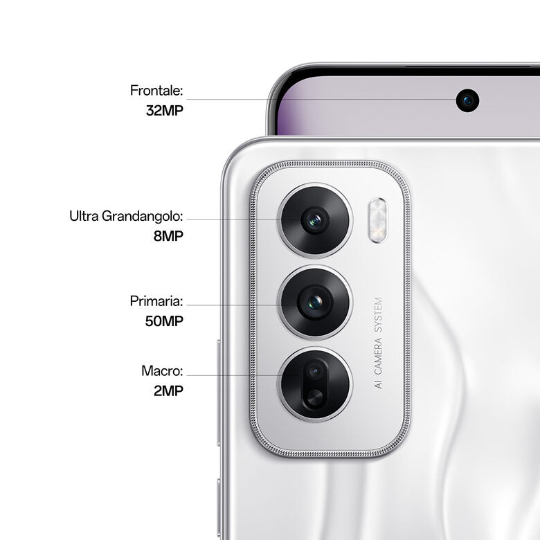 OPPO Reno12 5G AI Smartphone, Tripla fotocamera 50+8+2MP, Selfie 32MP, Display 6.7” 120HZ AMOLED FHD+, 5000mAh, RAM 12GB(Esp4GB/8GB/12GB)+ROM 256GB, [Versione Italia], Astro Silver
