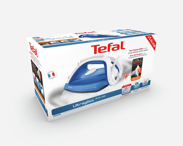 Tefal UltraGliss FV4964 ferro da stiro Ferro a vapore Durilium 2500 W Blu, Bianco