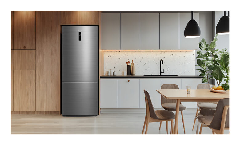 Midea MDRB593FGE46 Frigorifero Combinato A Libera Installazione, No Frost, Classe E, Inox