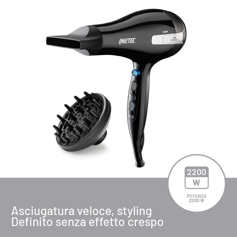 Imetec Asciugacapelli K7 2000, 2200W, Tecnoloiga a ioni, 2 velocità, 3 temperature, Colpo Aria Fredda, Convogliatore Stretto, Diffusore Professionale