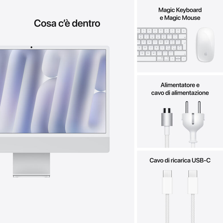 Apple iMac 24"Retina Display 4,5K, Chip M4 con CPU 8‑core, GPU 8‑core, 16GB, 256GB SSD, Argento