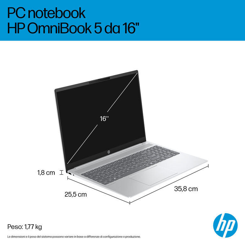 HP OmniBook 5 AI 16-af1007nl Intel Core Ultra 5 225U Computer portatile 40,6 cm (16") 2K 16 GB LPDDR5x-SDRAM 512 GB SSD Wi-Fi 6 (802.11ax) Windows 11 Home AI PC Argento
