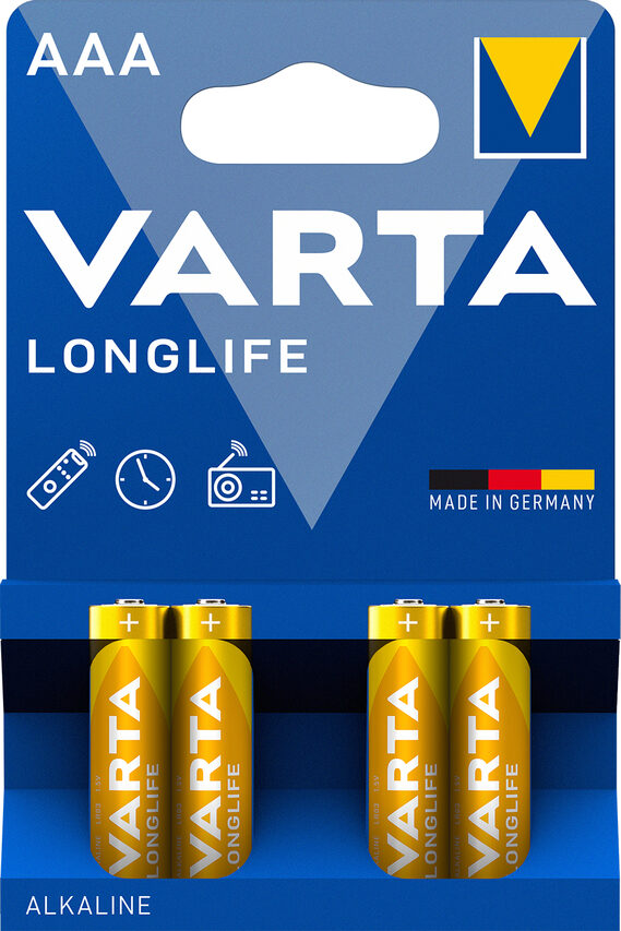 Varta Longlife, Batteria Alcalina, AAA, Micro, LR03, 1.5V, Blister da 4, Made in Germany